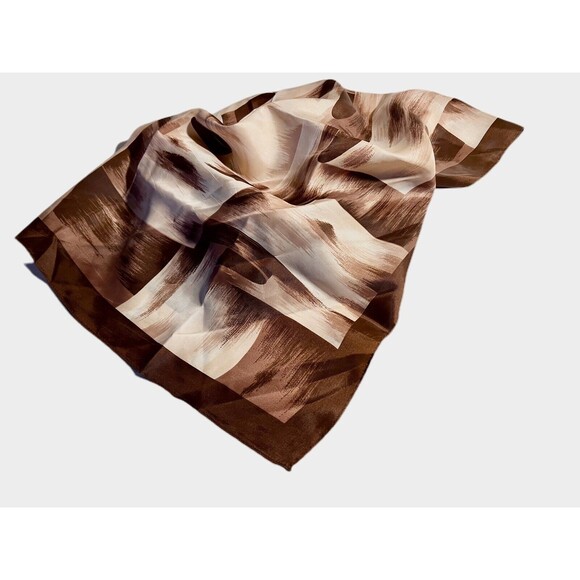 Vintage Square Brown Scarf Hand Printed Rolled Edge Made In Japan Brush Strokes - Picture 2 of 8